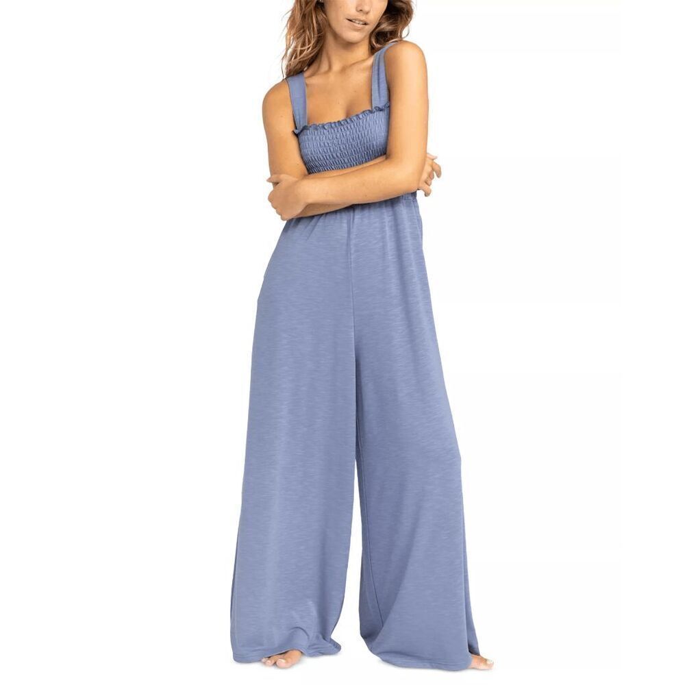 Roxy Just Passing By Juniors Wide Leg Blue Stretchy Jumpsuit XS